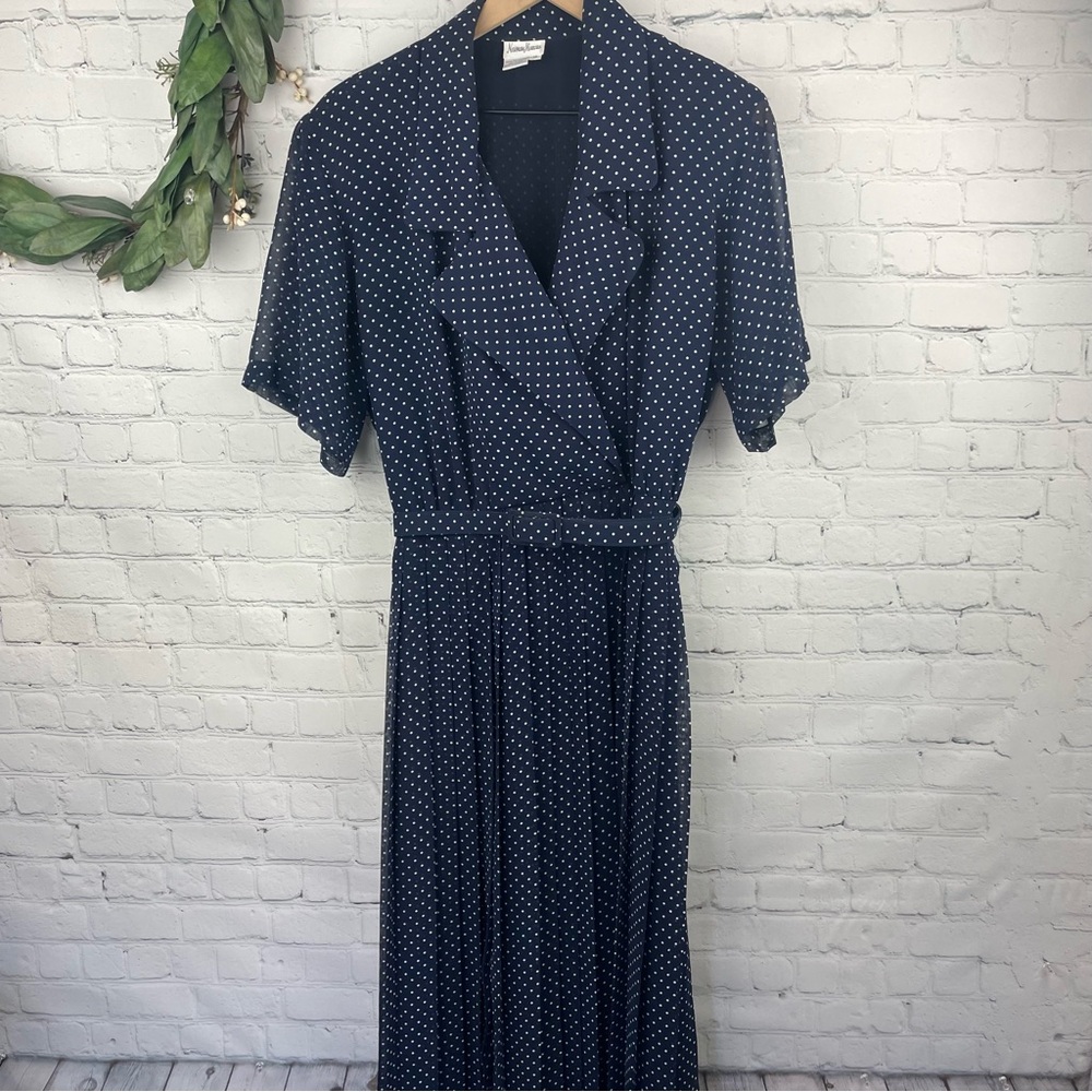 NEIMAN MARCUS Vintage '80's Navy Blue Polka Dot Pleated Skirt Maxi Dress size 12